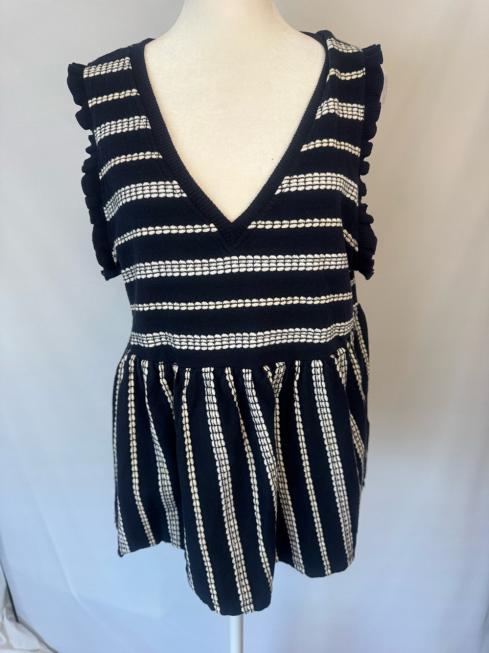Altar'd State Navy and Textured White Striped Knit Top with Ruffle Trim